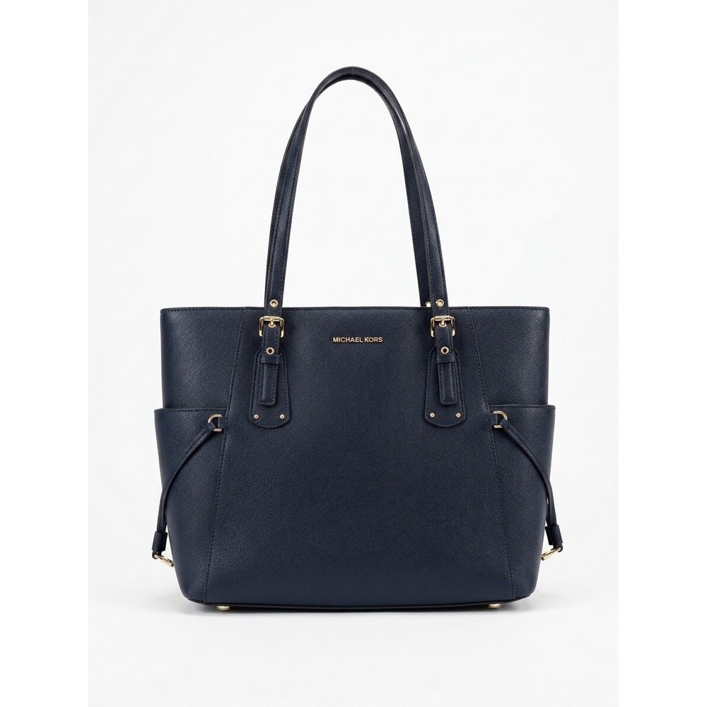 Michael Kors Navy Saffiano Leather Tote Bag Gold Hardware Structured Shoulder